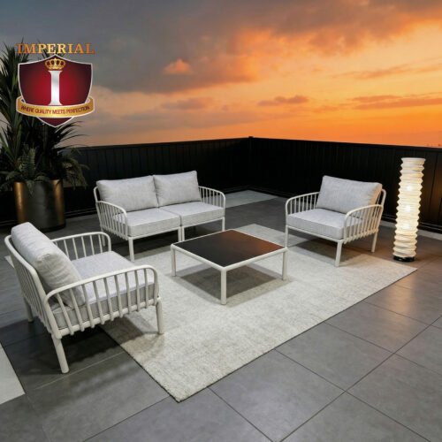 IMPERIAL BOTANIST BROAD SPECTRUM  2 SINGLE CHAIRS & 1 LOVE CHAIR & 1 TEMPERED GLASS TABLE 4 PC LIGHT GREY COLOUR