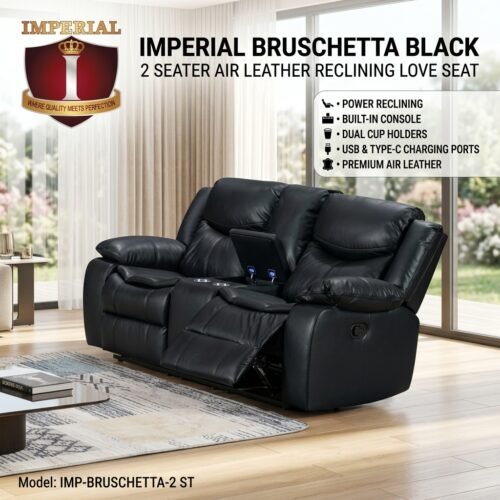 IMPERIAL BRUSCHETTA BLACK 2 LOVE SEAT AIR LEATHER + USB + TYPE C + CUP HOLDER & CONSOLE RECLINER