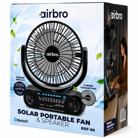 AIRBRO FAN SOLAR RECHERGEABLE WITH BLUETOOTH & POWERBANK & MORE