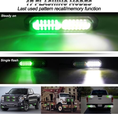 ASPL 8pcs Sync Feature Ultra Slim 12-LED Surface Mount Flashing Strobe Lights for Truck Car Vehicle LED Mini Grille Light Head Emergency Beacon Hazard Warning Lights Green/White