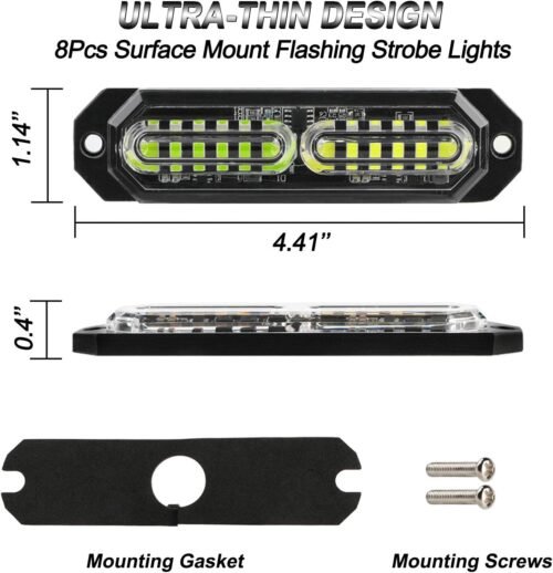 ASPL 8pcs Sync Feature Ultra Slim 12-LED Surface Mount Flashing Strobe Lights for Truck Car Vehicle LED Mini Grille Light Head Emergency Beacon Hazard Warning Lights Green/White